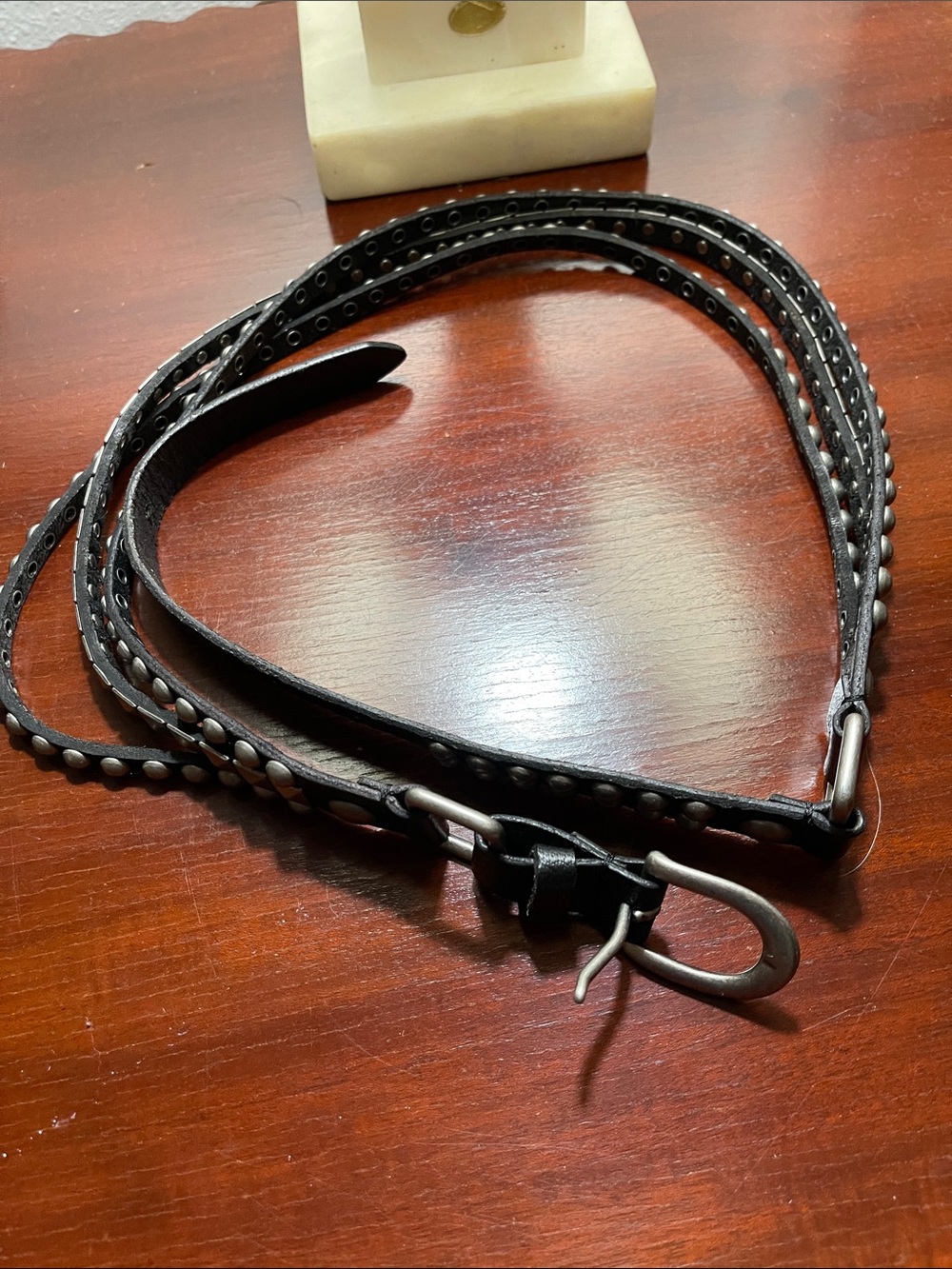 Black Studded Leather Belt with Hook Buckle